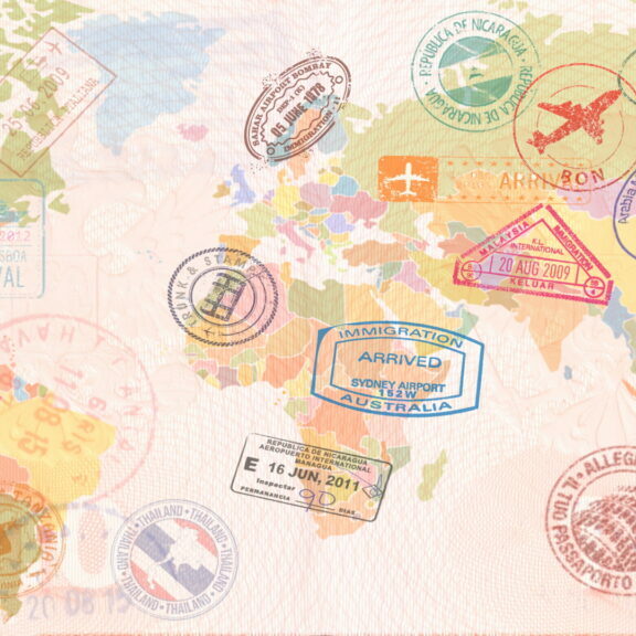 World map with Visas, Stamps, Seals. Travel concept.