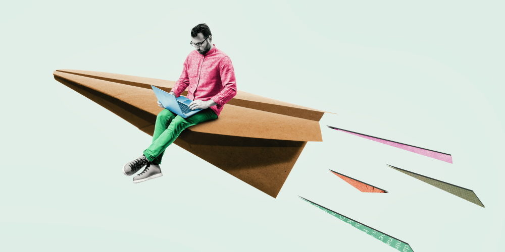 Art collage. Paper plane with sitting young man. New startup launch, business ideas, creativity.
